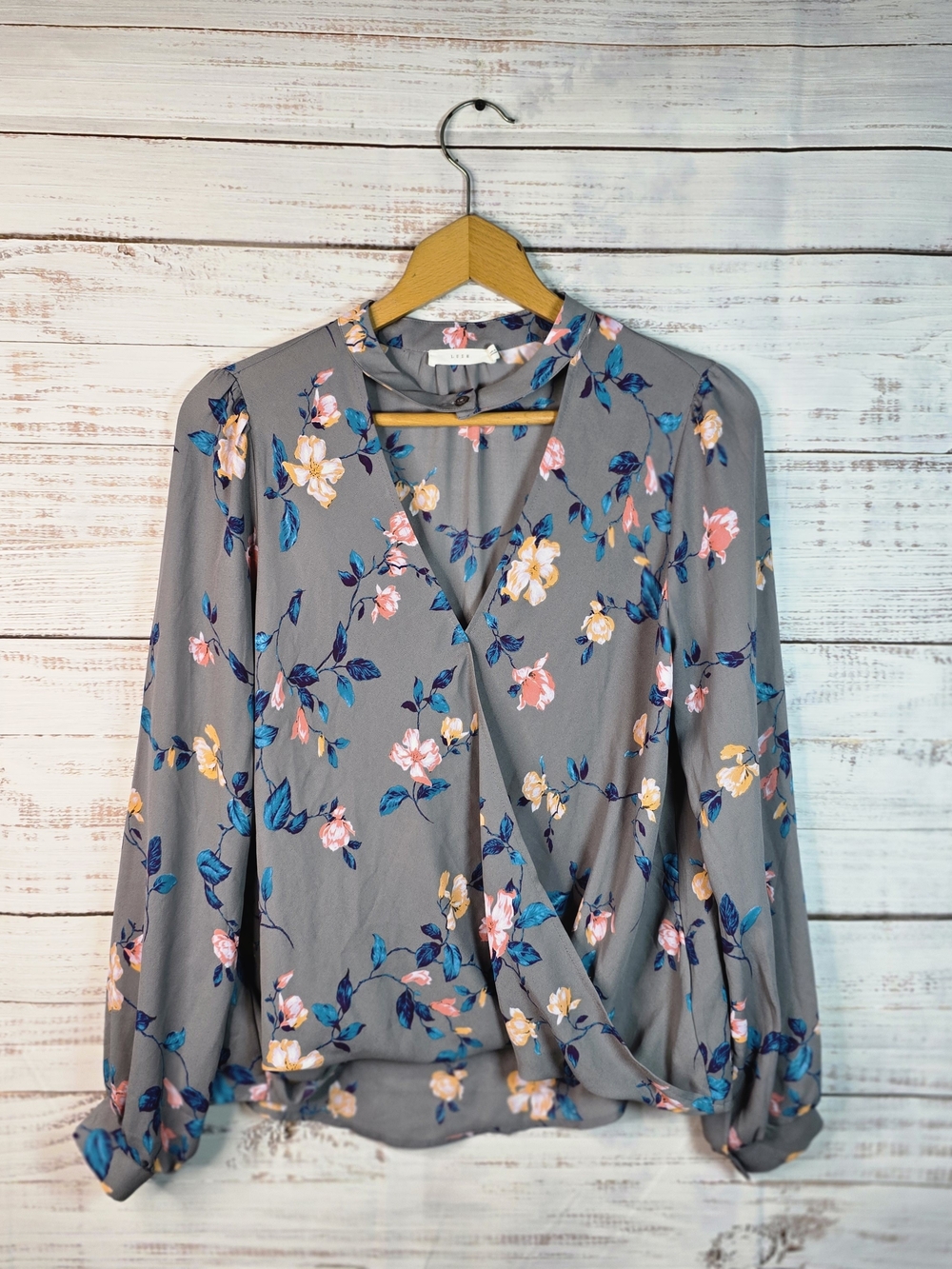 Lush Size Small Gray Floral Surplice Wrap Blouse Long Sleeve